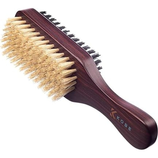 Kobe Professional Kane Double Sided Hair / Beard Brush - 100% Boar Bristles in Dark Wood Body - Ideal for Beard or Hair and Men and Women