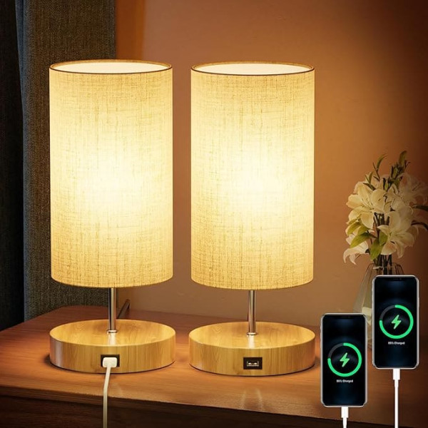 FANSANMY Bedside Lamp Set of 2 Bedside Lamp Dimmable with Memory Function, USB Connection, 3 Colour Temperatures and Continuous Brightness Table Lamps, Suitable for Bedroom, Living Room, Office