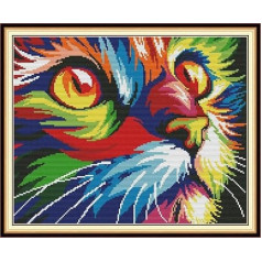14CT DIY Pre-Printed Cross Stitch Kits Needlework Full Range Pre-Printed Embroidery Starter Kits for Beginners - Colorful Cat 39 x 32 cm