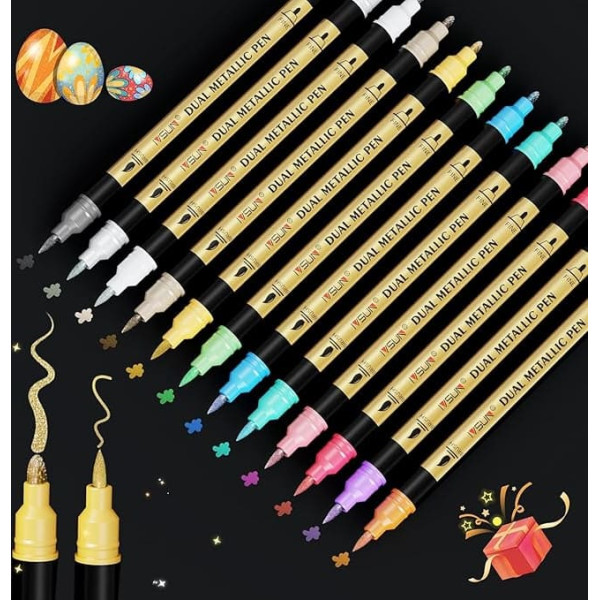IVSUN Metallic Marker Pens, 12 Dual Tip Metallic Acrylic Pens, Waterproof, Pen Set for Photo Album, Guest Book Wedding, Scrapbook Accessories, Black Paper, Wood, Glass, Stones, Painting, Easter Crafts