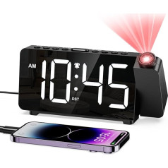 Projection Alarm Clock for Bedroom, Digital Alarm Clock with Projection, LED Display with 4 Brightness, LED Alarm Clock Digital with 360° Projector, USB Charger, 12/24 H, DST, Snooze, 3 Volume