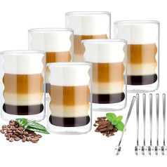 Latte Macchiato Glasses Double-Walled 400 ml Pack of 6 with 6 Spoons Double-Walled Coffee Glasses Cappuccino Cups Glass Spiral Thermal Glasses Tea Glasses Made of Borosilicate Glass