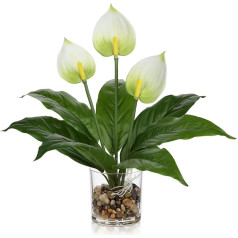 Artificial Anthurium Flowers in Glass Vase with Pebbles & Artificial Water - 39 cm High - Decorative Plant for Living Room, Office, Bathroom - Artificial Flower in White, Red - Decorative Flowers