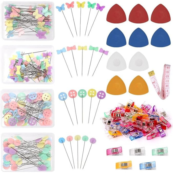 261 Pieces Sewing Needles Set, Including Flat Head Quilting Needles with Flower, Butterfly, Bow Tie and Button, Sewing Clips, Sewing Chalk for Fabric, Jewellery, DIY, Crafts and Sewing