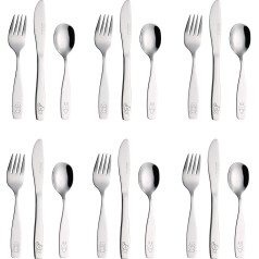 EXZACT Children's Cutlery Set 18 Pieces Stainless Steel - Cutlery Children from 2 Years - Dishwasher Safe Engraving Cutlery - 6 x Forks, 6 x Safety Knives, 6 x Tablespoons (Dog Cat Rabbit x 18)