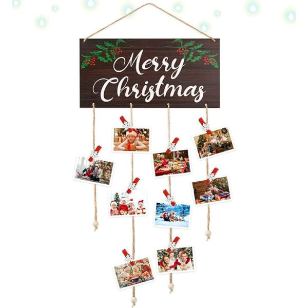 Aucpod Weihnachtskartenhalter, Frohe Weihnachten, Holz-Bilderhalter, Weihnachtskarten-Display mit 30 Foto-Clips, Weihnachtsfeiertagskarte, Fotohalter, Frohe Weihnachten, Schild (Garten, Frohe