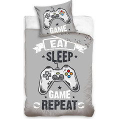 Gaming Bed Linen Set, Children's Bed Linen, Teenager Bed Linen, Boys in Grey, Pillowcase 80 x 80 cm + Duvet Cover 135 x 200 cm, Gamer Bed Linen, Eat Game Sleep Repeat