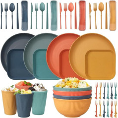 52 Pieces Plastic Dinnerware Set, Plastic Plates and Bowls, Unbreakable Dinnerware Set for 4 People, Lightweight Colorful Camping Plates, Bowls, Cups, Cutlery Set, Straw, Forks