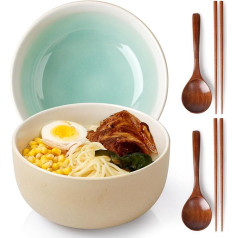 NUTRIUPS Ramen Bowl Set of 2, 1200 ml, Japanese Ceramic Ramen Bowl, Pasta Bowls with Sticks and Spoon (Burning Oven Change, White + Green)