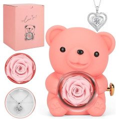 Pink Preserved Flower Bear Jewellery Gift Box, Heart Shaped Necklace for Women, Gifts for Best Friends, Birthday Gifts for Girls, Weddings, Youth, Christmas, Valentine's Day