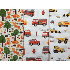 Fabric Package 3 x 50 x 160 cm, Fabric for Sewing for Children, 100% Cotton: 1.5 m Cotton Fabric Set Paul on White – Young Children's Fabric Foxes Construction Site Vehicles Fire Brigade