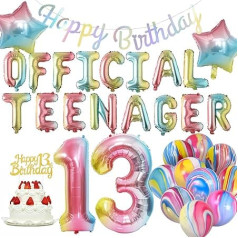 13th Birthday Decorations Girls Number 13 Foil Balloon Colour Gradient Rainbow Official Teenager Birthday Party Supplies Happy Birthday Banner Cake Toppers Pastel Star Balloon for Girls 13