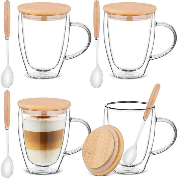 Double-Walled Coffee Cup, 4 x 350 ml Pack Espresso Glasses with Lid, Espresso Cup Set, Latte Macchiato Glasses, Cups Made of Borosilicate Glass for Iced Coffee/Hot Drinks/Tea/Cappuccino/Latte