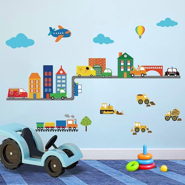 decalmile Wall Sticker Transporte Cars Vehicles Wall Sticker Cities House Wall Sticker Boys Nursery Bedroom Playroom Wall Decoration