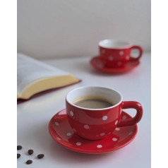 IB Home Kaffeetassen-Set mit Untertasse, Rot, gepunktet, 2 Stück