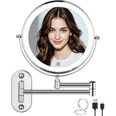 Wall Mounted Magnification with Lighting, 1X/10X Magnification Dimmable Makeup Mirror, Wall Mirror for Bathroom and Hotel, with Lighting, 3 Colours Lights, 360° Rotatable Dimmable Shaving Mirror