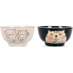 CoolChange Cute Japanese Rice Bowl Set | Hand Painted | 2 Pieces | Asian Dining Bowls | Decor: Cats