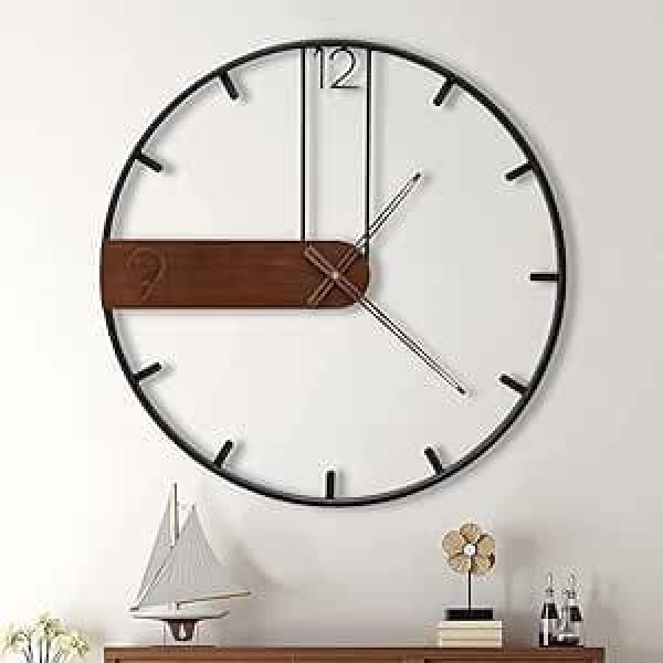 Large Wall Clock without Ticking Noises Modern Wall Clock Wood Black Brown 60 cm Vintage Retro Living Room Country House Style