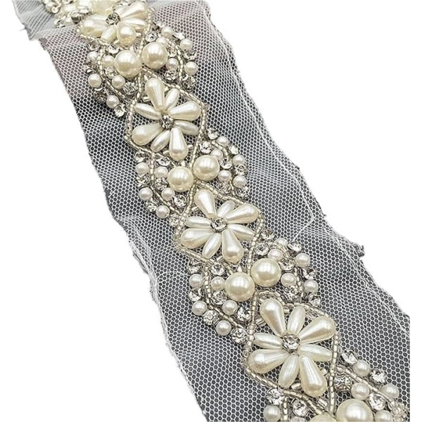 OZLCUA Perlenverzierung 2 Yard 5,5 cm Weiß/schwarz Perle Perlen Spitze Trim Braut Schärpe Braut Gürtel Perlen Verzierungen Schmuck Trim(White mesh)