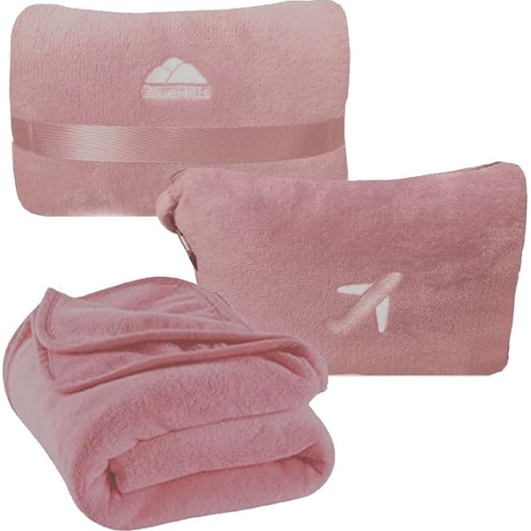 BlueHills Travel Blanket Pillow in Mini Soft Case, Premium Plush Airplane Blanket in Soft Bag, Compact Pack with Luggage Belt and Backpack Clip, Dusky Pink M02