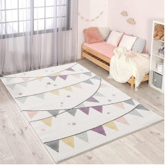 Children's Rug Cream Purple – 120 x 160 cm – Bunting Motif – Nursery Rugs Girls – Baby Room Rug – Play Mat