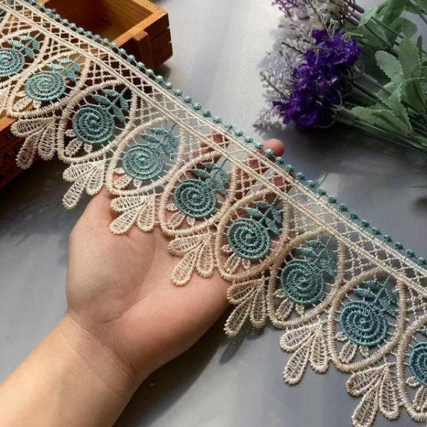 1 Yards Embroidery Turquoise Flower Lace Ribbon Trim for Sofa Curtain Trim Dress Costumes Applique Beige 10cm 2.5cm New Flower 1