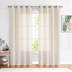 TOPICK Curtains with Eyelets, Linen Curtains for Living Room, Kitchen, Children's Room, Bedroom Curtain, Semi-Transparent Eyelet Curtain, Country House Style, Modern Vintage Curtains, Set of 2, 130 W