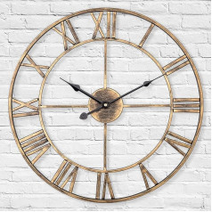 Silent Metal Skeleton Wall Clock, Lenauq 40cm European Farmhouse Vintage Clock with Roman Numerals Non Ticking Battery Operated Hanging Wall Clock for Home Kitchen Office Decoration (Gold)