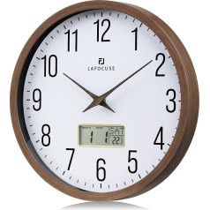 Lafocuse Silent Wall Clock with Calendar, Digital LCD, Vintage Wall Clock with Date, Weekday of the Week and Thermometer, Brown Analogue Quartz Clock for Living Room, Bedroom, Office, Kitchen, 30 cm