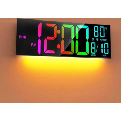 Digital Wall Clock LED Large Display, 16 Inches, Digital Clock with 8 Colour Changes, Date/Time/Temperature Display, Dual Alarm, Automatic Dimming, for Living Room, Kitchen, Office, Gym, Easy to Read
