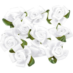 PATIKIL Mini Satin Ribbon Roses, 30 Pieces Small Fabric Flowers with Green Leaves for Craft Projects, Embellishments, Appliques, White