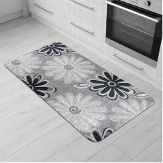 Malaga Kitchen Rug - Runner 100% PVC - Dirt-Repellent - Non-Slip - Waterproof - Machine Washable Rug - Modern Hallway for Kitchen and Hallway - Black Flowers - 55 x 100 cm