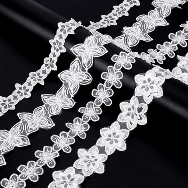 WADORN 3.65 m 4 Styles Flowers Organza Lace Edge Ribbon Flower Trim Embroidered Applique with Faux Pearls for Sewing Decorations for Wedding Dresses