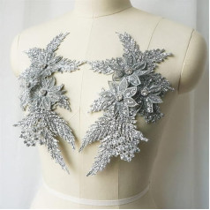 Lace Sticker Patch, 2 Pieces Silver Sequin Embroidery Lace Applique Sewing Flower Fabric Patches Wedding Dress Bridal Dress Clothes DIY Crafts (D, One Size)