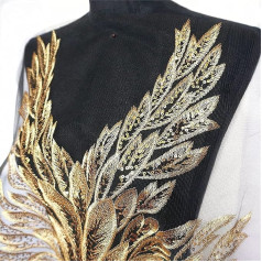 Decorative Patches Embroidery Applique Lace Ribbon 57cm Gold Sequins Feather Leaves Black Mesh Lace Trim for Sew On Embroidery for Wedding Applique Decoration DIY