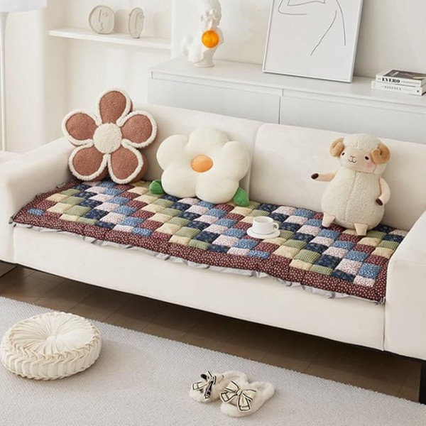 Zeyeo Cotton Patchwork Sofa Cover Quilted Couch Cover Floor Mat Floral Print Non-Slip Soft Sofa Slipcover Furniture Protector for Kids, Dogs, Cats(I, 27.6x70.9in)(G,27.6x70.9in)