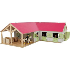 Van Manen Kids’ Globe Horses Wooden Horse Farm - 1:24 Scale Pink, 3 Boxes with Movable Doors, Windows and Roof - 610210