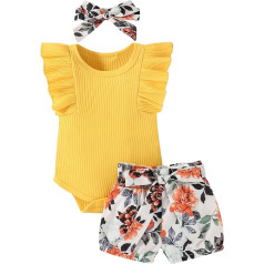Newborn Girl Summer Romper Ruffle Sleeve Floral Trousers 3-Piece Set Bodysuit + Shorts + Headband