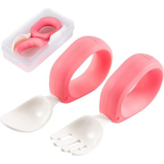 HIWOOD Baby Self Feeding Learning Spoon and Fork Set with Travel Case, BPA Free, Cute Circle, Toddler Training Utensils, Silicone/ABS, Great Tableware Set (Pink)