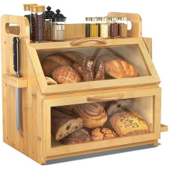BAMBANG Extra Large Bread Bin, 2 Tier Bamboo Bread Box for Kitchens, Wooden Bread Bin with Tool Holder, Viewing Window - (37.8 cm x 27.9 cm x 38.9 cm) Natural