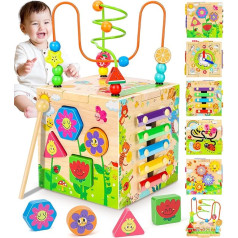 Jojoin Motor Skills Cube Motor Skills Toy from 1 Year - Activity Cube Montessori Baby Toy - Motor Skills Bow Children's Toy Sorting Game Wooden Toy Learning Toy for 1 2 Years Children