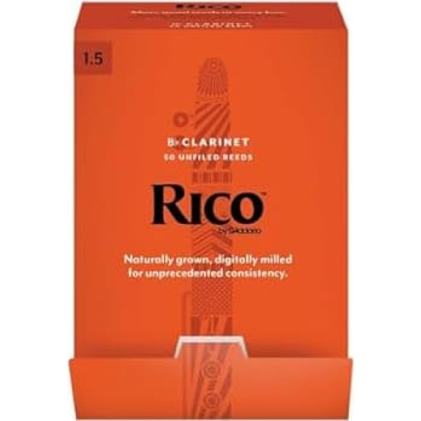 Rico by D'Addario Bb Clarinet Reeds | High Precision Manufactured | Böhm | Clarinet Reeds 1.5 Strength | Pack of 50 | Warm Full Tone | Comfortable Playing Feel