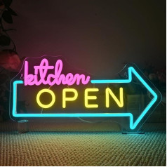 Wanxing Kitchen Open Neon Sign, LED Sign Lettering Kitchen Open Wall, Light Advertisement Dimmable 5V2A USB Cable, Neon Sign Arrow Ideal for Shops & Living Restaurant Decoration, Easy Assembly