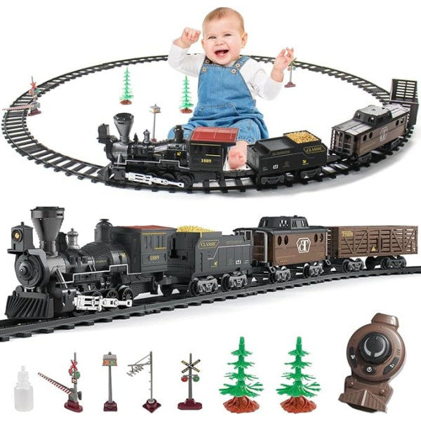 fisca Electric Train Set for Children, Railway Rails Train Toy Set with Steam Locomotive, 3 Freight Trains, Sounds & Light & Water Spray