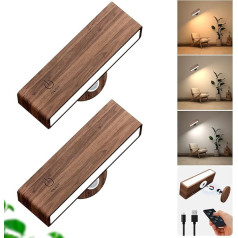 DetarZinLED Wall Light Battery with Remote Control, Pack of 2, Wall Lamp without Power Connection, Wood, Dimmable, No Drilling, 3 Colour Modes, Touch Light, Wireless Indoor, Bedside, Wall-Mounted