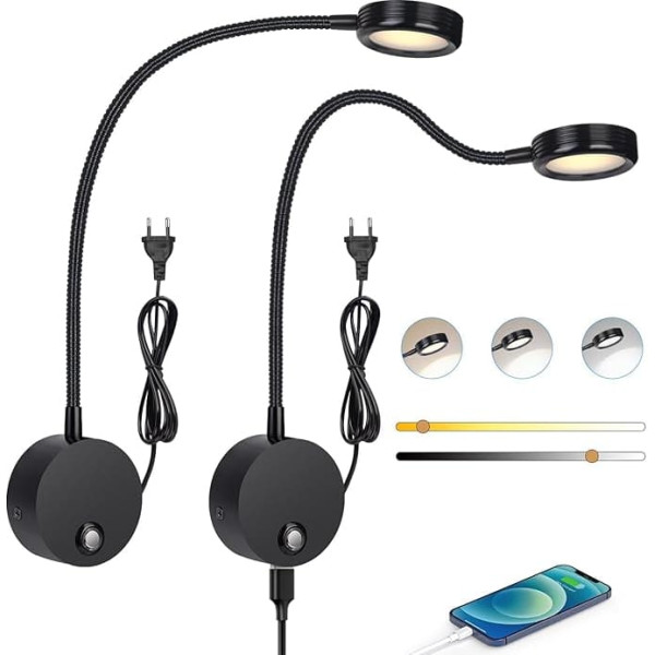 ERWEY Pack of 2 LED Reading Lamps, Wall Mounting, Wall Light with Touch Dimmer (3000-6000 K), 4 W Bed Lamp with 360° Flexible Gooseneck and USB Charging Port for Bed, Bedroom (Black)