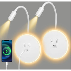 2 x LED Wall Lights Indoor, 12 W Wall Lamp Indoor 3000 K, Bedside Reading Lamp, Gooseneck Reading Lamp, Wall Lamp with Switch and USB Charging, Wall Light LED Modern Bedside Lamp for Bedroom