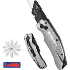 WORKPRO Folding Carpet Knife, Heavy Utility Knife Made of Full Metal, Quick Change Blade Cutter Knife, Quick Open Axis Lock & Secure Locking, with 10 Additional Blades, Silver