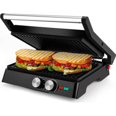 Pukomc Contact Grill, 1800 W Contact Grill Plate Grill with Non-Stick Coating, 60 Minute Timer, 180º Opening, Sandwiches, Steak and Panini Grill