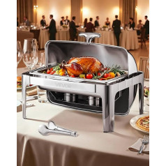 VEVOR Chafing Dish Set Food Warmer Stainless Steel with Full Size Pans (8.5 L), Rectangular Heat Dispenser with Roll Top Lid & Water Pan Stand & Fuel Holder, for Buffet Silver